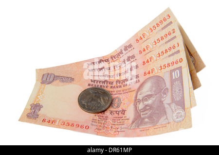 Una decina di rupie note e una rupee coin ,valuta indiana Foto Stock