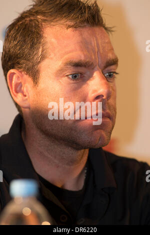 Adelaide, South Australia, Australia. 18 gennaio, 2014. CADEL EVANS a una chiamata multimediale per Evans, Team BMC, S. Gerrans, Team Orica-Green Edge, J. Moreno, Team Movistar presso il Tour Down Under. Credito: Gary Francesco/ZUMA filo/ZUMAPRESS.com/Alamy Live News Foto Stock