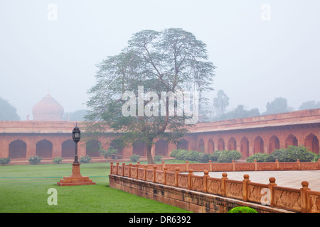 Giardino Formale (Charbagh o giardino Mughal) nella parte anteriore del Taj Mahal in Agra nella nebbia di mattina Foto Stock