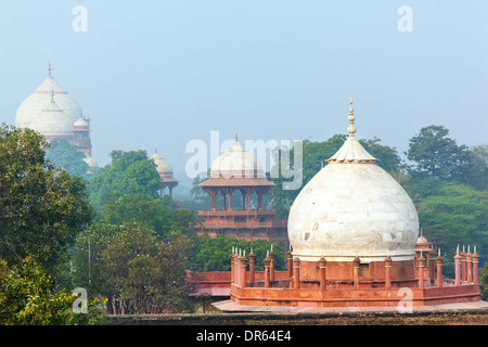 Veduta aerea del giardino formale (Charbagh o giardino Mughal) nella parte anteriore del Taj Mahal in Agra nella nebbia di mattina Foto Stock