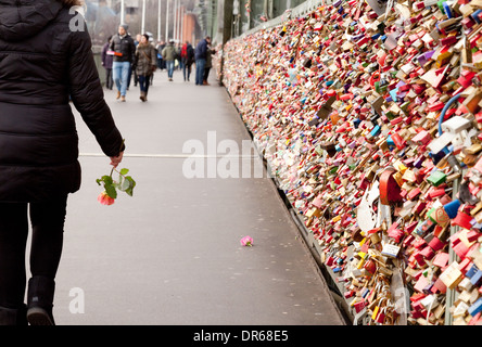 Amore blocca i lucchetti sul ponte di Hohenzollern, Colonia, Germania Europa Foto Stock