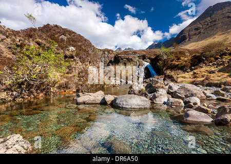 Il Cuillin Hills da accanto al cocco Allt un Mhadhaidh sul pool di fata a piedi, Glen fragile, Isola di Skye Foto Stock