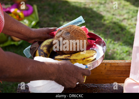 Banane e cocco come offerta al Signore Muruga durante il Thaipoosam cavadee festival, Mauritius. Foto Stock