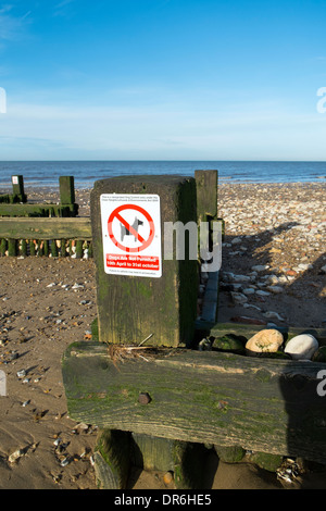 "Stagionale No cani' segno sui pennelli di legno sulla spiaggia a Hunstanton, Gennaio Foto Stock