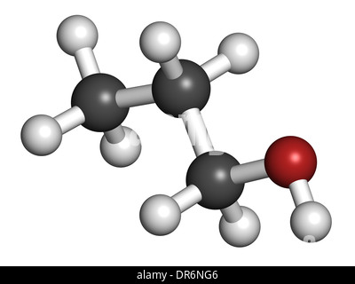 Il propanolo (n-propanolo) molecola di solvente. Gli atomi sono rappresentati come sfere convenzionale con codifica a colori. Foto Stock