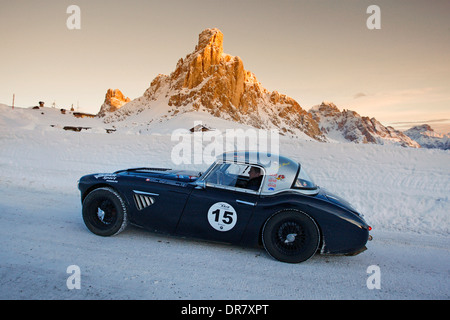 Vintage auto da rally, WinterRAID 2013, Austin Healey BN7 3000 MK2, costruita nel 1960, Passo di Passo Giau, Belluno, Italia, Europa Foto Stock