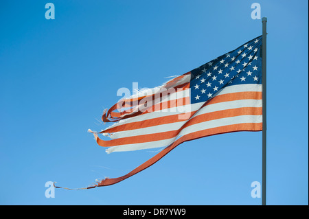 Stati Uniti d'America American strappato strappato strappato noi bandiera shredded nel vento volare su un personale o pennone Foto Stock