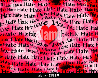 Parole di odio circondato dal grande cuore rosso che simboleggia l'amore che è più potente di odio Foto Stock