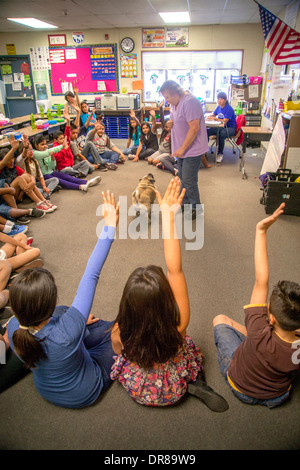 Un prevalentemente ispanica scuola elementare classe in San Bernardino, CA, solleva le loro mani per porre domande in quanto sono una lezione di pet care dal proprietario di un cane chow. Foto Stock