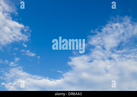 Puffy nuvole bianche insieme contro un perfetto cielo blu. Foto Stock