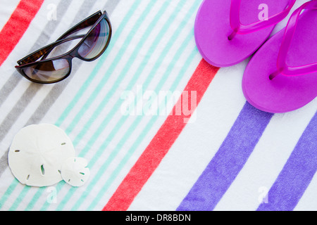 Spiaggia scena con viola flip flop,sabbia dollari e occhiali da sole su di una spiaggia a strisce asciugamano. Foto Stock