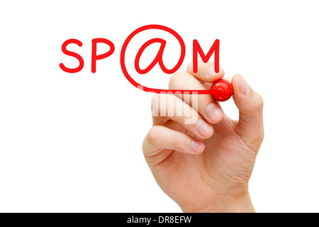 La scrittura a mano lo spam con contrassegno rosso sulla cancellazione trasparente stampato. Foto Stock