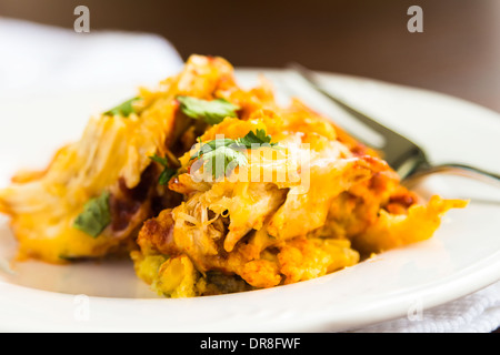 Delizioso formaggio, speziato cornbread condito con salsa enchilada, pollo triturati, formaggio e coriandolo Foto Stock