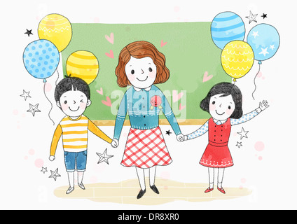 Illustrazione degli studenti a scuola con un insegnante Foto Stock