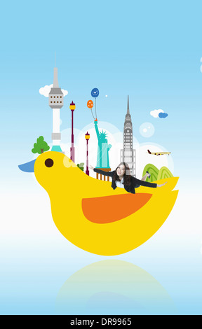 Una donna volare sopra un anatra illustrato Foto Stock