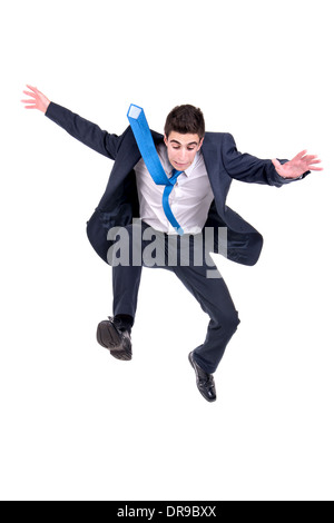 Businessman jumping alto isolato in bianco Foto Stock