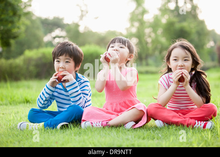 I bambini seduti sul prato di mangiare le mele Foto Stock