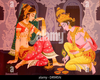 Indian pittura murale di dio indiano Krishna e radha in una scena romantica Foto Stock