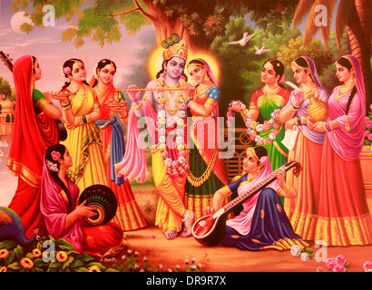 Raffigurazione di dio indù krishna con Radha e gopis Foto Stock
