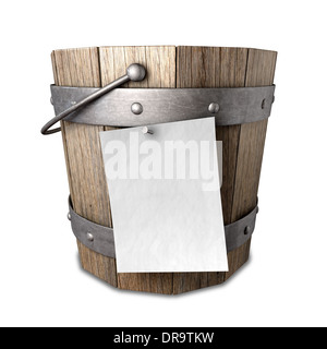 Un vintage in legno elenco della benna con anello metallico supporta e di una maniglia e di una carta bianca attaccata Foto Stock