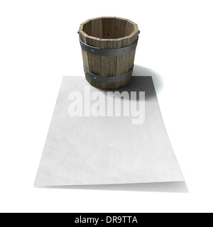 Vintage un secchio di legno con anello metallico supporta e una maniglia in appoggio su una carta bianca su un sfondo isolato Foto Stock