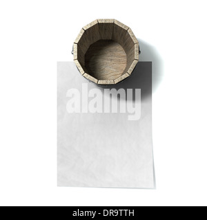 Vintage un secchio di legno con anello metallico supporta e una maniglia in appoggio su una carta bianca su un sfondo isolato Foto Stock