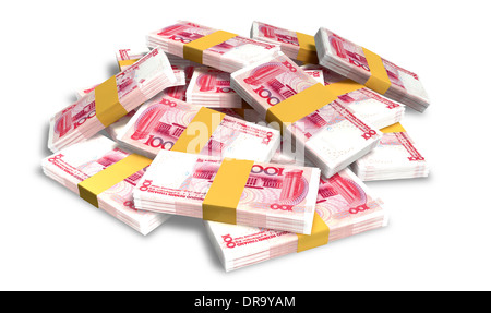 Un mucchio di casualmente disperse mazzette di yuan cinese banconote su di un sottofondo isolato Foto Stock