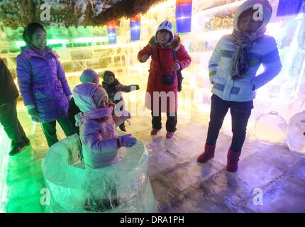 Pechino, Cina. Il 22 gennaio, 2014. Le persone hanno divertimento al ventottesimo Longqingxia Ice festa delle lanterne a Pechino Capitale della Cina, 22 gennaio 2014. La ventottesima Longqingxia Lanterna di ghiaccio Festival ha dato dei calci a fuori a Pechino mercoledì con 350 pezzi di ghiaccio lanterne e 300 set di sculture di neve e ghiaccio essendo mostrato ai visitatori. Credito: Zhang Yu/Xinhua/Alamy Live News Foto Stock