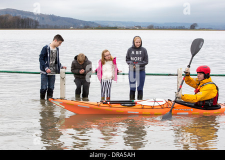 Kayakers nelle acque di esondazione su strada a Storth sul Kent Estuary in Cumbria, Regno Unito, durante il mese di gennaio 2014 tempeste Foto Stock