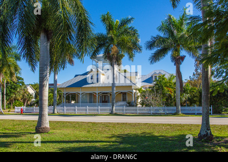 American artigiano bungalow casa tra alberi di palma tropicali in Punta Gorda Florida Foto Stock