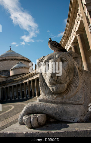 L'Italia, Napoli (Napoli), Plazza Plebiscito. Lion statua che si trova nella parte anteriore della storica chiesa di San Francesco di Paola. Foto Stock