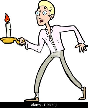 Cartoon uomo spaventato camminare con il candelabro Illustrazione Vettoriale