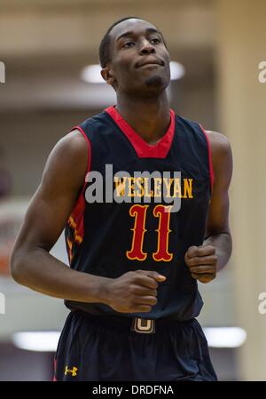 Springfield, MA, Stati Uniti d'America. Xx gen, 2014. Mercoledì 12 Settembre, 2012: Wesleyan accademia cristiana Theo Pinson guarda su durante la prima metà della Spalding HoopHall classico gioco tra Wesleyan cristiano e Findlay Prep a Blake Arena in Springfield, MA. Bill Shettle / Cal Sport Media. © csm/Alamy Live News Foto Stock