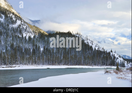 Un paesaggio invernale immagine lungo il Fiume Athabasca nel Parco Nazionale di Jasper Alberta Canada. Foto Stock