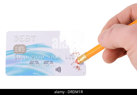 Concetto di cancellazione di debito una carta strofinata fuori isolato su uno sfondo bianco Foto Stock