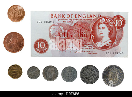 Pre decimale 10 scellini delle banconote e delle monete in euro, UK, 1960 Foto Stock