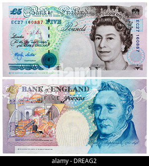 5 libbre di banconota, Queen Elizabeth II e George Stephenson, UK, 1999 Foto Stock