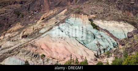 Color-nastrati, alterati idrotermicamente rocce vulcaniche a los Azulejos, Mogan, Gran Canaria Isole Canarie Foto Stock