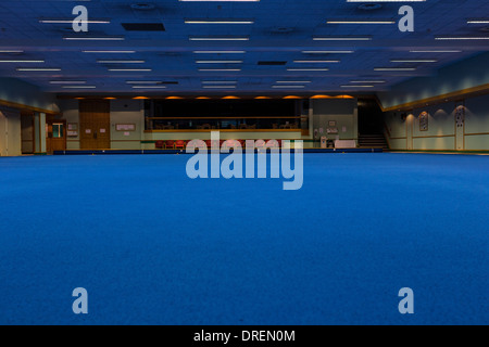 Piscina Campo da bocce, piscina bowling arena,tappeto blu,alley, angolo, a sfera blu, bowling, closeup, colore, anteriore, gioco, orizzontale Foto Stock