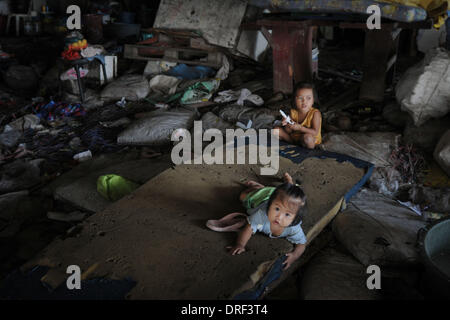 Paranaque, Filippine. 24 gen 2014. Bambini filippini giocare sotto un ponte affollato che utilizzano come un rifugio in Paranaque, suburbana Manila, Filippine, 24 gennaio 2014. Tra le acque al di sotto e il traffico che attraversa il sovraccarico, molte le famiglie filippine pilotato dalla povertà hanno istituito le residenze di fortuna sotto i ponti. Secondo le Nazioni Unite, un decimo di baraccati vivono in Metro Manila con 80.000 persone per chilometro quadrato in alcuni quartieri.Foto: Ezra Acayan/NurPhoto © Ezra Acayan/NurPhoto/ZUMAPRESS.com/Alamy Live News Foto Stock