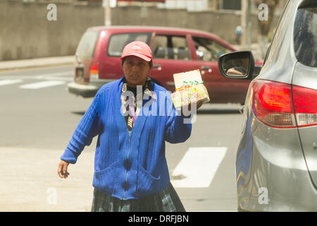 Una donna si trova su una strada della città, tenendo in mano destra una scatola colorata di spuntini. Indossa un cardigan blu brillante con zip, una sciarpa a motivi geometrici, un berretto da baseball rosso e una gonna a quadri. Dietro di lei, una Foto Stock