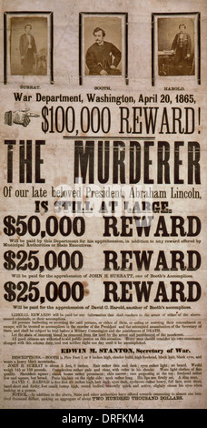 Poster di ricompensa per la cattura di Giovanni documento Wilkes Booth per l'assassinio del presidente Abraham Lincoln Foto Stock