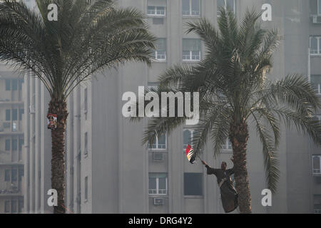 Il Cairo, Egitto. 25 gennaio, 2014. Un uomo onde bandiera egiziana durante un rally sul capitale simbolico della piazza Tahrir al Cairo, Egitto, 25 gennaio, 2014. Gli egiziani hanno organizzato raduni per celebrare il terzo anniversario di un rivolgimento che rovesciò il 30-anno dominatore Hosni Mubarak il sabato. Credito: cui Xinyu/Xinhua/Alamy Live News Foto Stock