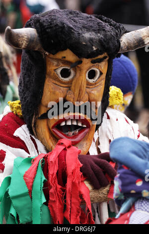 Pernik, Bulgaria - 25 Gennaio 2014: il ragazzo non identificato con il tradizionale costume Kukeri sono visti al Festival Internazionale di the Masquerade Giochi Surva in Pernik, Bulgaria. Surva avviene l'ultimo fine settimana del mese di gennaio ed è il più grande evento di questo tipo in Bulgaria. Foto scattata su: Gennaio 25th, 2014 Credit: Emil Djumailiev djumandji/Alamy Live News Foto Stock