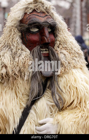 Pernik, Bulgaria - 25 Gennaio 2014: il ragazzo non identificato con il tradizionale costume Kukeri sono visti al Festival Internazionale di the Masquerade Giochi Surva in Pernik, Bulgaria. Surva avviene l'ultimo fine settimana del mese di gennaio ed è il più grande evento di questo tipo in Bulgaria. Foto scattata su: Gennaio 25th, 2014 Credit: Emil Djumailiev djumandji/Alamy Live News Foto Stock