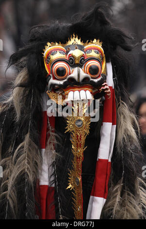 Pernik, Bulgaria - 25 Gennaio 2014: il ragazzo non identificato con il tradizionale costume Kukeri sono visti al Festival Internazionale di the Masquerade Giochi Surva in Pernik, Bulgaria. Surva avviene l'ultimo fine settimana del mese di gennaio ed è il più grande evento di questo tipo in Bulgaria. Foto scattata su: Gennaio 25th, 2014 Credit: Emil Djumailiev djumandji/Alamy Live News Foto Stock