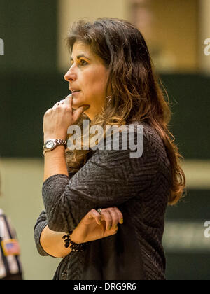 - DeLand, FL, U . 25 gennaio, 2014. S: Stetson Hatters head coach Lynn Bria durante la prima metà della donna di pallacanestro del NCAA di azione di gioco tra Jacksonville i delfini e la Stetson Hatters presso il centro di Edmund in DeLand, Fl. © csm/Alamy Live News Foto Stock