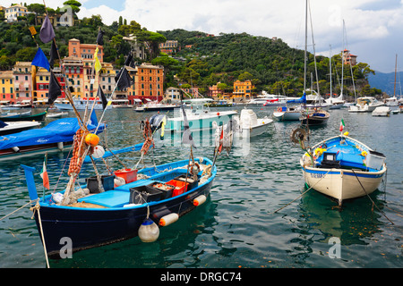 Tipica ligure piccole barche nel porto, Portofino Liguria, Italia Foto Stock