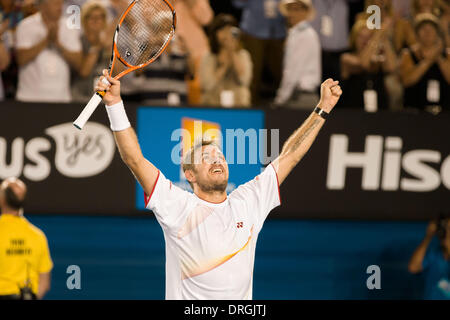 Melbourne, Victoria, Australia. 26 gen 2014. 26 gennaio 2014: 8 seme Stanislas WAWRINKA (SUI) vince uomini della finale contro il primo seme Rafael Nadal (ESP) il giorno 14 del 2014 Australian Open Grand Slam torneo di tennis a Melbourne Park a Melbourne, Australia. Sydney bassa/Cal Sport Media/Alamy Live News Foto Stock