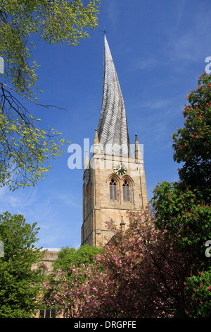 Chiesa parrocchiale di Santa Maria e a tutti i santi, o 'guglia storta' Chesterfield, Derbyshire, East Midlands, England, Regno Unito Foto Stock